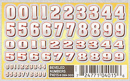 Photographed PineCar P4015 Beveled Numbers transfer sheet showing three number sizes and exact product barcode