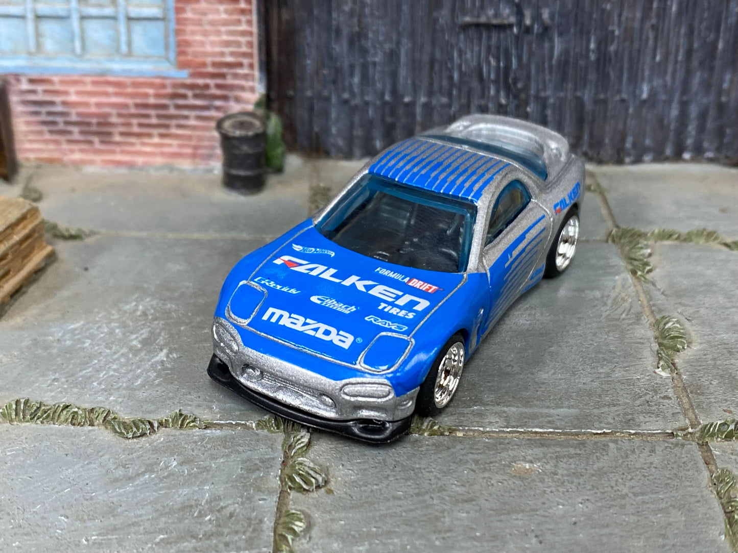 Custom Hot Wheels - 1995 Mazda RX7 - Silve and Blue FALKEN Tires - Chrome Mag Wheels - Rubber Tires