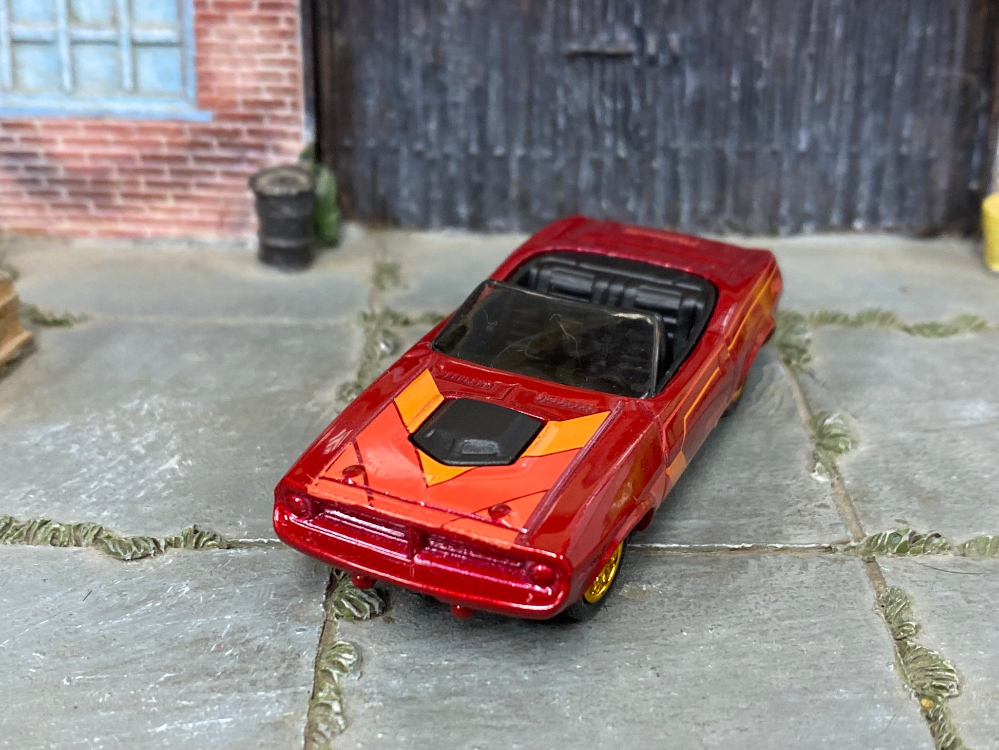 Custom Hot Wheels - Plymouth Barracuda - Red and Orange - Gold Mag Wheels - Rubber Tires