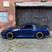 Custom Hot Wheels - 1989 Mazda Rx7 Savanna- Blue - Black and Chrome Mag Wheels - Rubber Tires