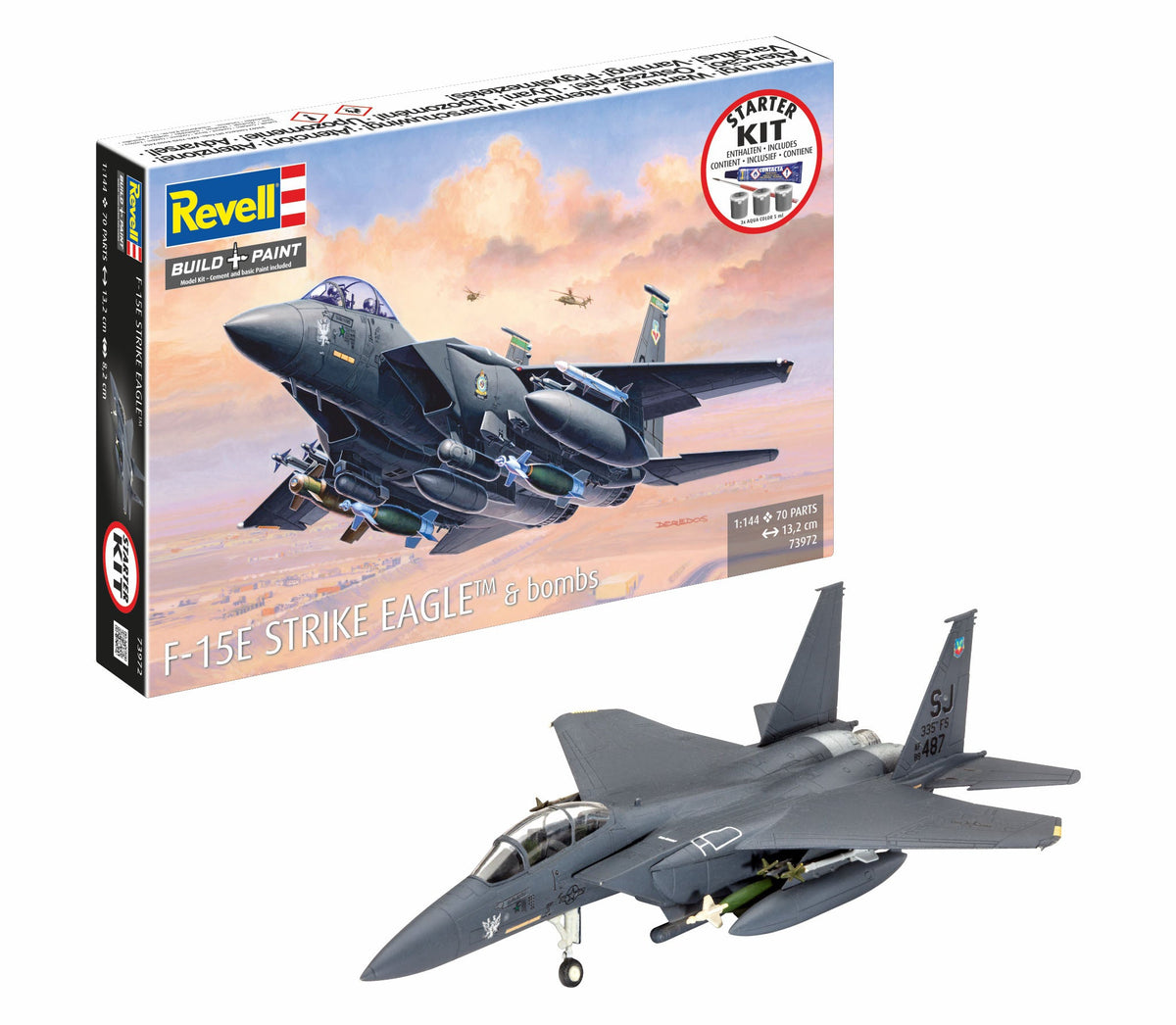Revell 73972 exact starter kit packaging and assembled F-15E Strike Eagle & Bombs model