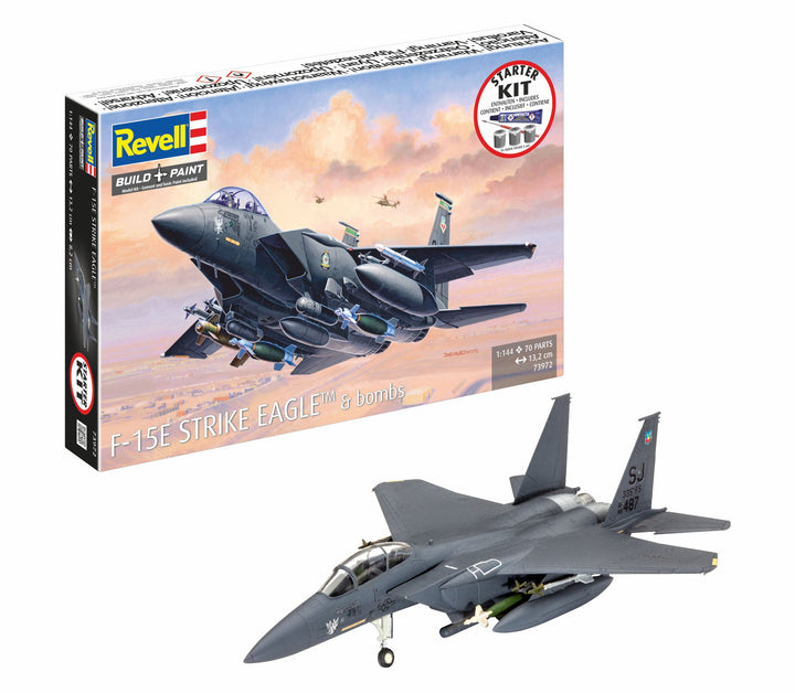 Revell 73972 exact starter kit packaging and assembled F-15E Strike Eagle & Bombs model