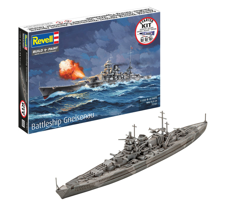 Revell 75181 exact starter kit packaging and assembled Battleship Gneisenau model