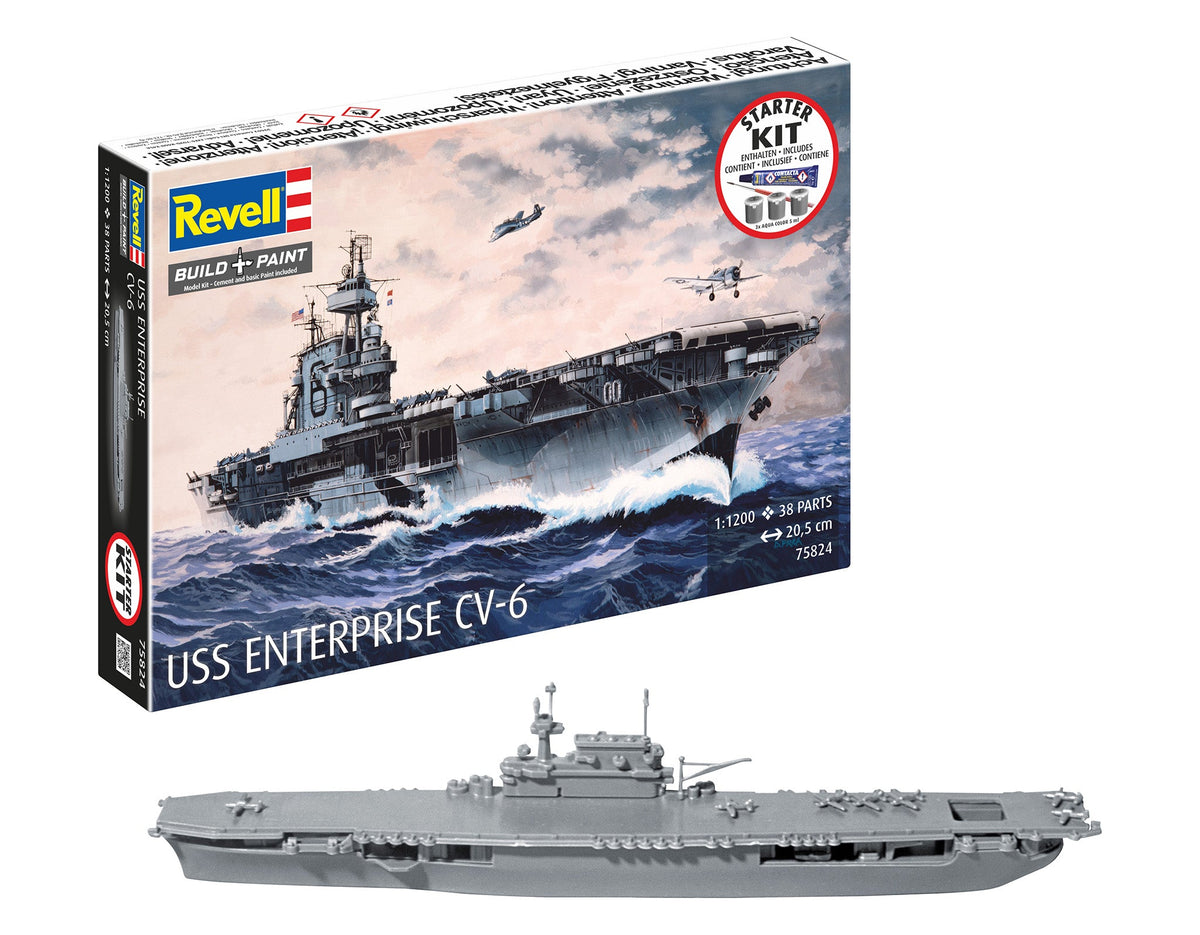 Revell75824 USS Enterprise CV-6 starter kit box with assembled example