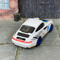 Custom Hot Wheels - 1996 Porsche Carrera - White, Yellow, Blue and Black - Blue Mag Wheels - Rubber Tires