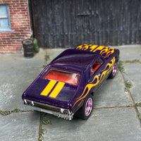 Custom Hot Wheels - 1968 Chevy Nova - Purple with Flames - Pink and Chrome 5 Spoke Wheels - Rubber Tires