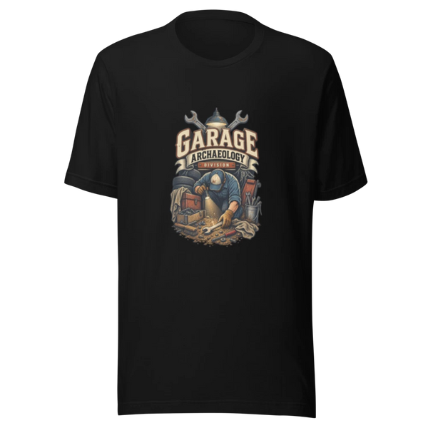 Garage Archaeology Division automotive T-shirt product mockup
