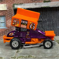 Custom Hot Wheels - Slide Out Sprint Car - Purple and Orange 6 - Chrome Steel Wheels - Hoosier Rubber Tires