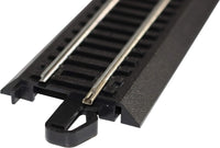 Bachmann 44429 curved rerailer, close-up of steel rails and black roadbed