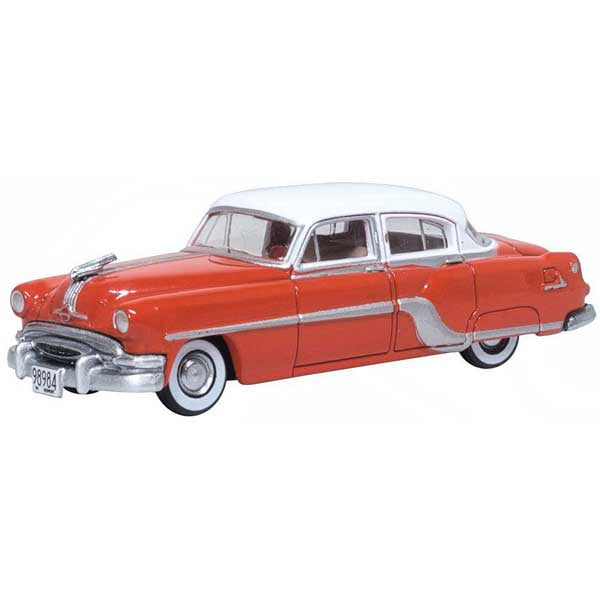 Oxford HO Scale Pontiac Chieftain 4-Door Sedan 1954 Coral Red / Winter White — exact product view