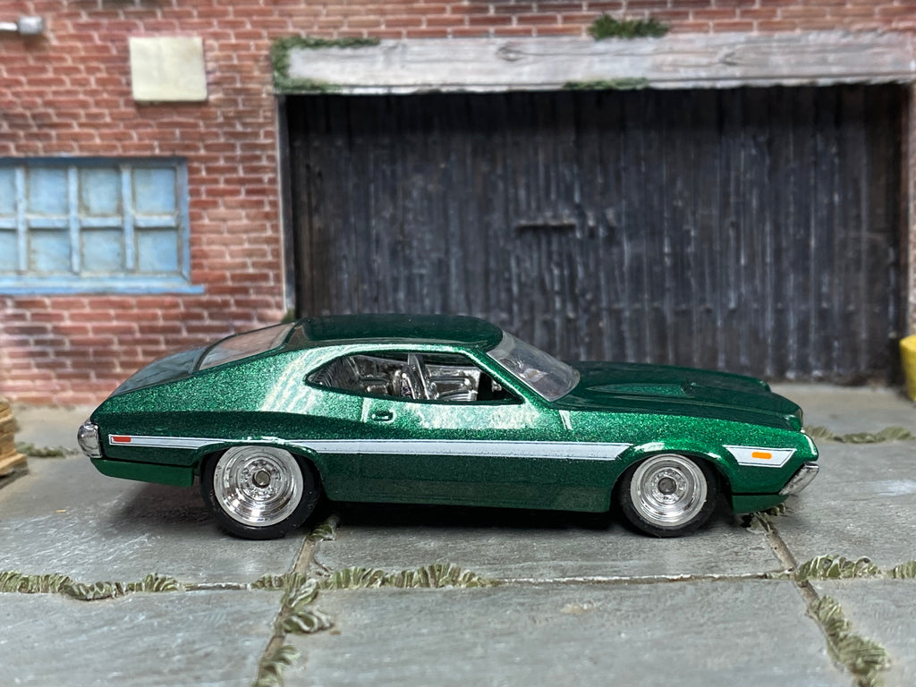 Custom Hot Wheels - 1972 Gran Torino Sport - Green and White - Chrome Steel Wheels - Rubber Tires