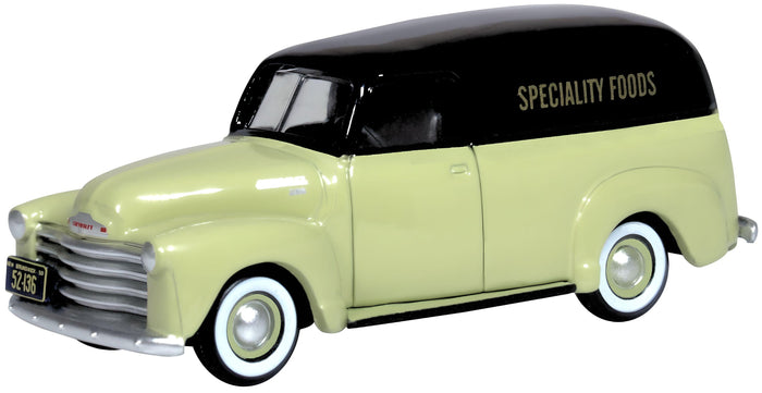 Oxford 87CV50004 1950 Chevrolet Panel Van Speciality Foods, 1:87 scale, front three-quarter view