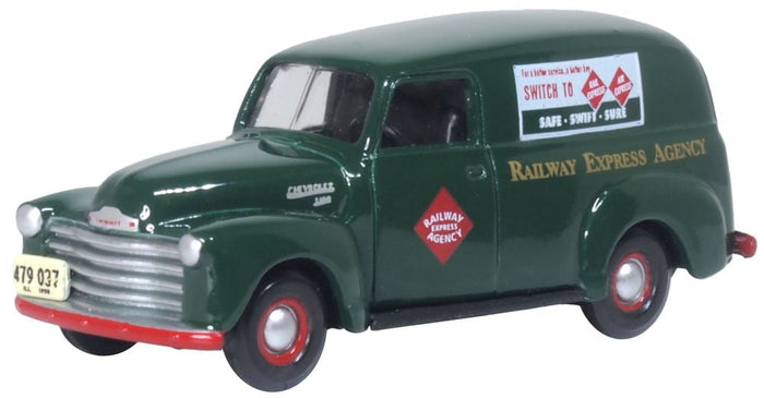 Oxford 87CV50005 1950 Chevrolet Panel Van Railway Express Agency, 1:87 scale, front three-quarter view