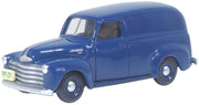 Oxford 87CV50006 1950 Chevrolet Panel Van, Mariner Blue, 1:87 scale, front three-quarter view