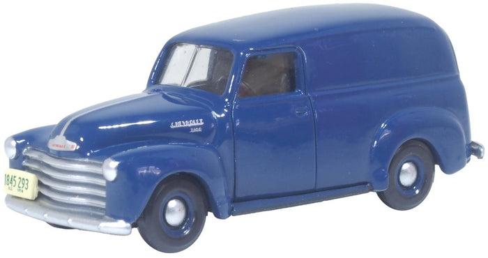 Oxford 87CV50006 1950 Chevrolet Panel Van, Mariner Blue, 1:87 scale, front three-quarter view