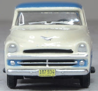 Oxford 87DP57005 1957 Dodge D100 Sweptside Pickup, Ice Blue/Glacier White, 1:87 scale, front view