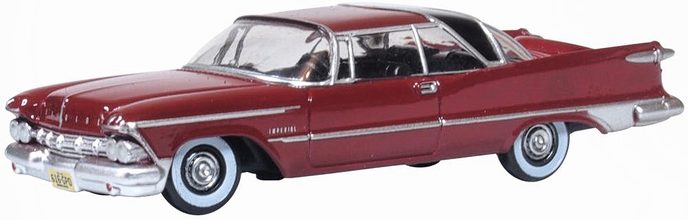 Oxford 87IC59003 1959 Imperial Crown 2-Door Hardtop, Radiant Red/Black, 1:87 scale, front three-quarter view