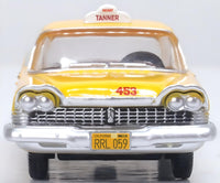 Oxford 87PS59002 1959 Plymouth Belvedere Sedan Tanner Yellow Cab, Yellow, 1:87 scale, front view