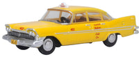 Oxford 87PS59002 1959 Plymouth Belvedere Sedan Tanner Yellow Cab, Yellow, 1:87 scale, front three-quarter view