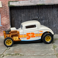 Custom Hot Wheels - 1932 Ford 3 Window - White, Orange and Gold 52 Years - Yellow and Chrome Mag Wheels - Rubber Tires