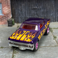 Custom Hot Wheels - 1968 Chevy Nova - Purple with Flames - Pink and Chrome 5 Spoke Wheels - Rubber Tires