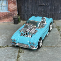 Custom Hot Wheels - 1958 Corvette - Blue - Chrome Steel Wheels - Rubber Tires