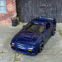 Custom Hot Wheels - 1989 Mazda Rx7 Savanna- Blue - Black and Chrome Mag Wheels - Rubber Tires