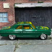 Custom Hot Wheels - 1964 Ford Fairlane Thunderbolt - Green and Yellow with Flames - Chrome Steel Wheels - Rubber Tires