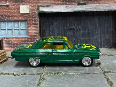 Custom Hot Wheels - 1964 Ford Fairlane Thunderbolt - Green and Yellow with Flames - Chrome Steel Wheels - Rubber Tires