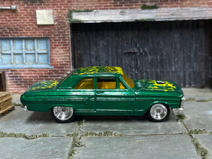 Custom Hot Wheels - 1964 Ford Fairlane Thunderbolt - Green and Yellow with Flames - Chrome Steel Wheels - Rubber Tires