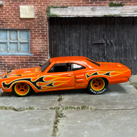 Custom Hot Wheels - 1969 Dodge Coronet Superbee - Orange with Flames - Orange 6 Spoke Wheels - Goodyear Rubber Tires