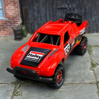 Custom Hot Wheels - Toyota Tacoma Off Road Baja Truck - Red and Black Holley - Red Mag Wheels - Goodyear Off Road Rubber Tires