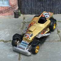 Custom Hot Wheels - Pro Stock Drag Car - Gold and Black Skulls and Flames - Gold Mag Wheels - Firestone Rubber Tires