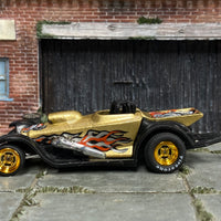 Custom Hot Wheels - Pro Stock Drag Car - Gold and Black Skulls and Flames - Gold Mag Wheels - Firestone Rubber Tires