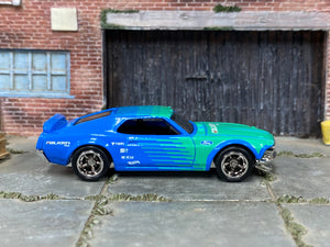 Custom Hot Wheels - 1969 Ford Mustang Boss 302 - Falken Green and Blue - Chrome Mag Wheels - Rubber Tires