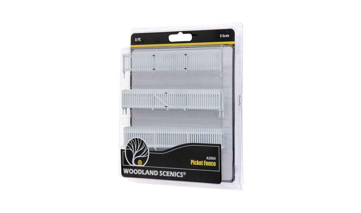 Woodland Scenics A3004 O scale Picket Fence, exact eight-piece retail package.