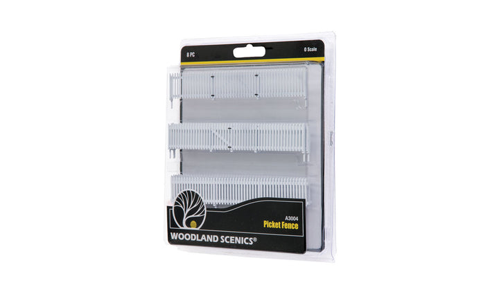 Woodland Scenics A3004 O scale Picket Fence, exact eight-piece retail package.