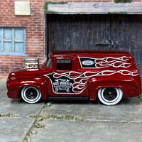 Loose Hot Wheels - 1956 Ford F100 Panel Truck - Hot Wheels Engine Builders Dark Red with Flames