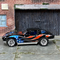 Custom Hot Wheels - Chevy Corvette Stingray - Black Stars and Stripes American Flag - Chrome Mag Wheels - Rubber Tires