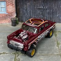 Custom Hot Wheels - 1955 Chevy Gasser - Dark Red "The Collector" - Yellow and Chrome Mag Wheels - Rubber Tires