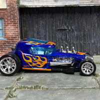 Custom Hot Wheels - Mod Rod Hot Rod - Blue with Flames - Chrome BBS Wheels - Rubber Tires