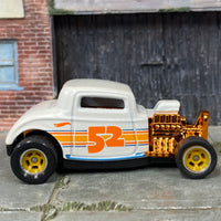 Custom Hot Wheels - 1932 Ford 3 Window - White, Orange and Gold 52 Years - Yellow and Chrome Mag Wheels - Rubber Tires