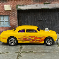 Custom Hot Wheels - Ford Shoebox - Yellow with Flames - Chrome American Racing Wheels - Rubber Tires