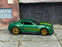 Metallic-green 2018 Camaro SS custom Hot Wheels, left side with gold AMR wheels
