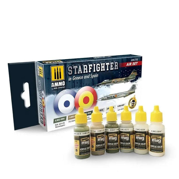 Actual AMMO A.MIG-7232 Starfighter Greece and Spain package and six acrylic paint bottles