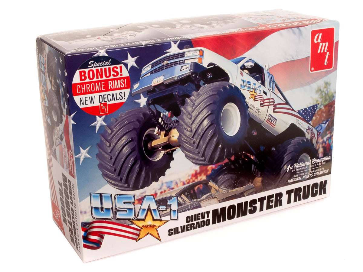 AMT1252 USA-1 Chevy Silverado Monster Truck model kit box