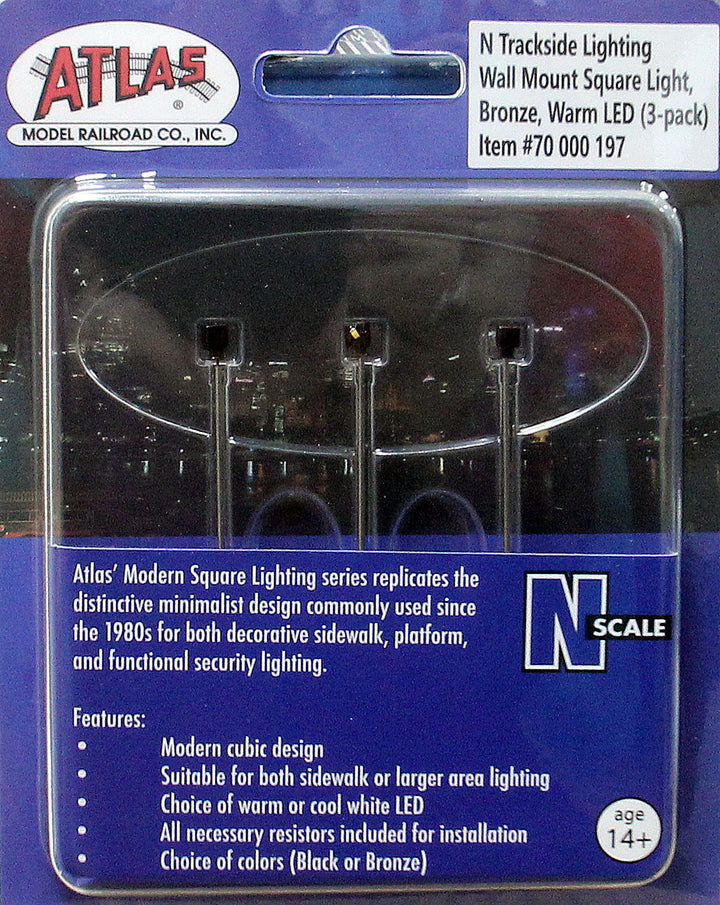 Atlas 70000197 N scale bronze warm LED wall-mount square lights, exact labeled three-pack with wiring.