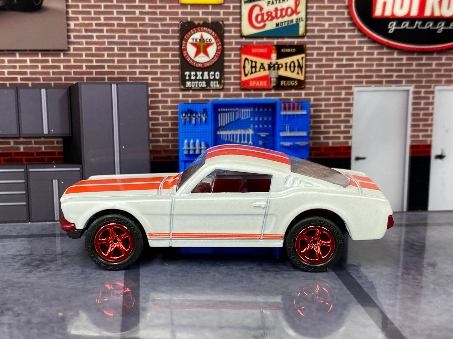 Custom Matchbox - 1965 Mustang GT - White and Red - Red Race Wheels - Rubber Tires