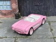 Custom Hot Wheels - 1956 Chevy Corvette - Barbie Pink and White - Pink 4 Spoke Wheels - Rubber Tires