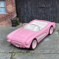 Custom Hot Wheels - 1956 Chevy Corvette - Barbie Pink and White - Pink 4 Spoke Wheels - Rubber Tires